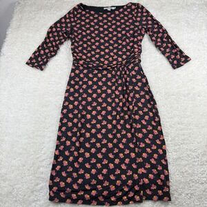 Boden Dress Women 8R Black Pink Floral Ruched Waist 3/4 Sleeve WW197